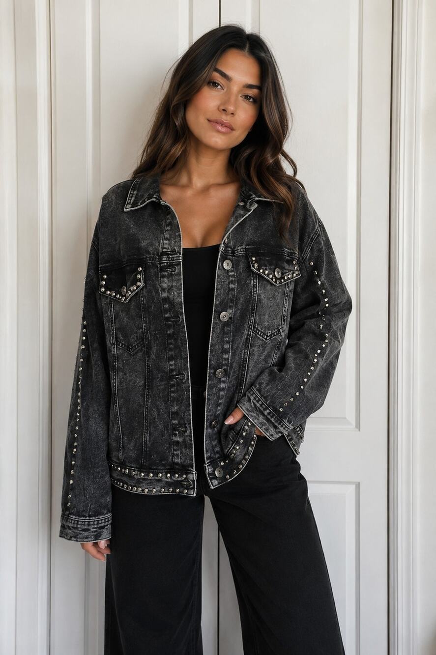ASHLEY STEWART Women's 18 Spike Studded Dark Washed Jean Jacket Gothic Grunge